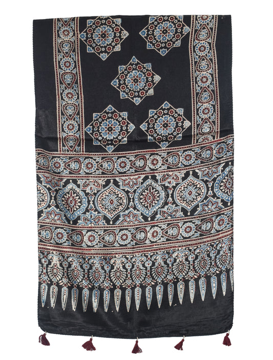 Ajrakh Mashru Silk Natural Dye Hand Block Print Stole With Tassels - 2 Mtr Length   -  SKU : AI0770BA
