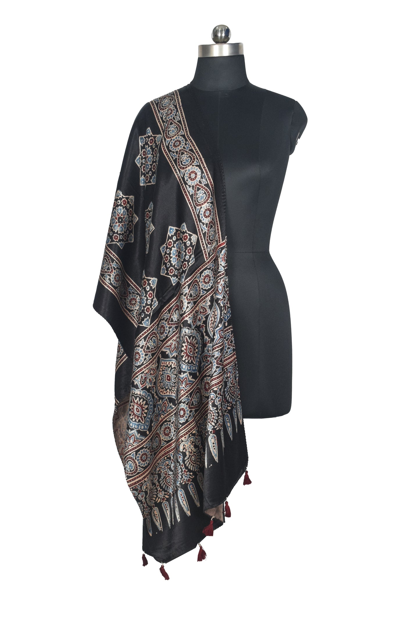 Ajrakh Mashru Silk Natural Dye Hand Block Print Stole With Tassels - 2 Mtr Length   -  SKU : AI0770BA