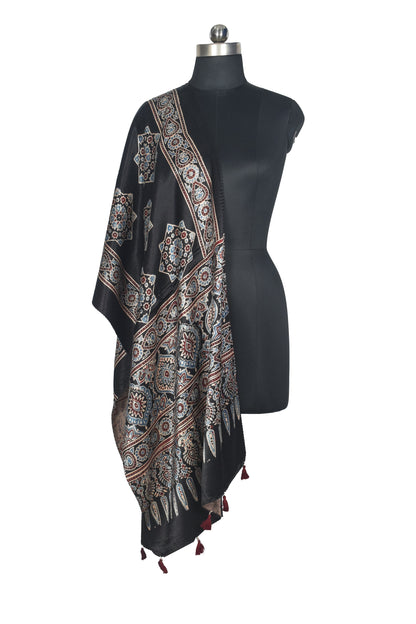 Ajrakh Mashru Silk Natural Dye Hand Block Print Stole With Tassels - 2 Mtr Length   -  SKU : AI0770BA