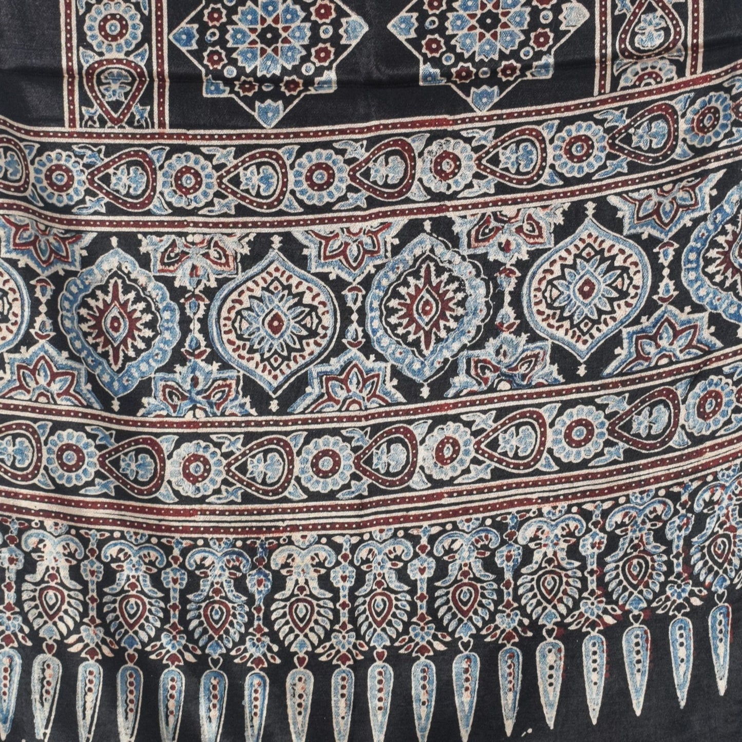 Ajrakh Mashru Silk Natural Dye Hand Block Print Stole With Tassels - 2 Mtr Length   -  SKU : AI0770BA