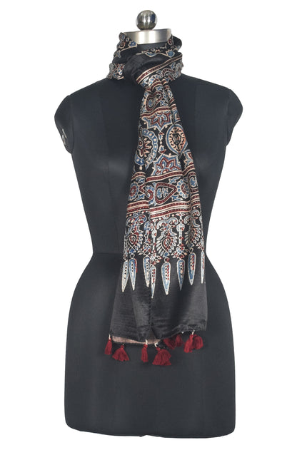 Ajrakh Mashru Silk Natural Dye Hand Block Print Stole With Tassels - 2 Mtr Length   -  SKU : AI0770BA