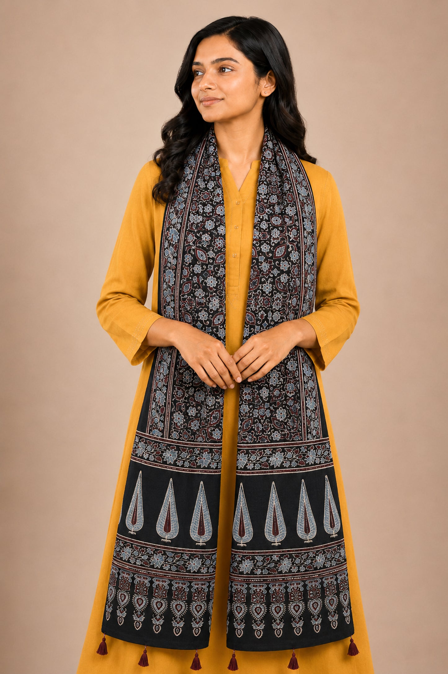 Ajrakh Mashru Silk Natural Dye Hand Block Print Stole With Tassels - 2 Mtr Length   -  SKU : AI0770BG
