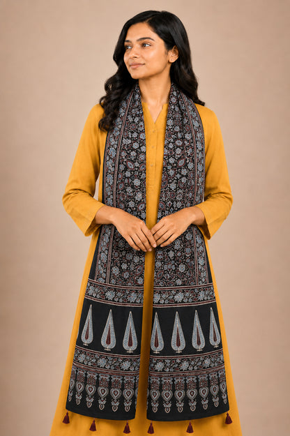 Ajrakh Mashru Silk Natural Dye Hand Block Print Stole With Tassels - 2 Mtr Length   -  SKU : AI0770BG