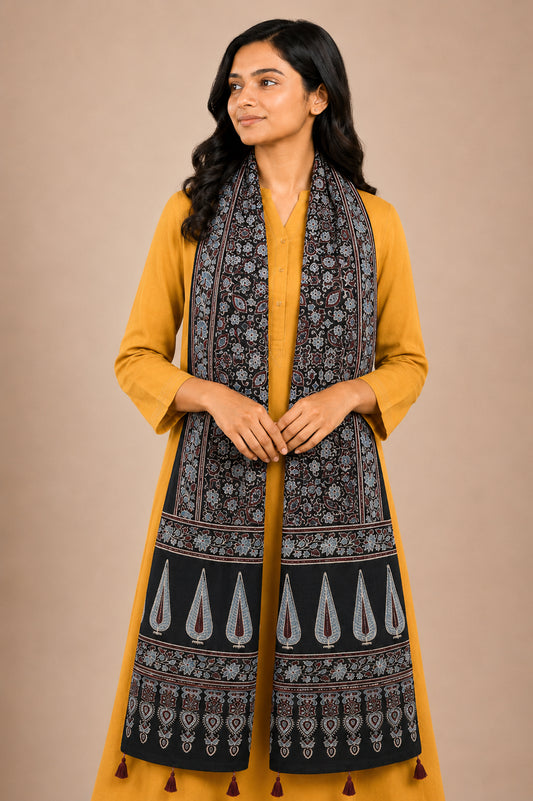 Ajrakh Mashru Silk Natural Dye Hand Block Print Stole With Tassels - 2 Mtr Length   -  SKU : AI0770BG