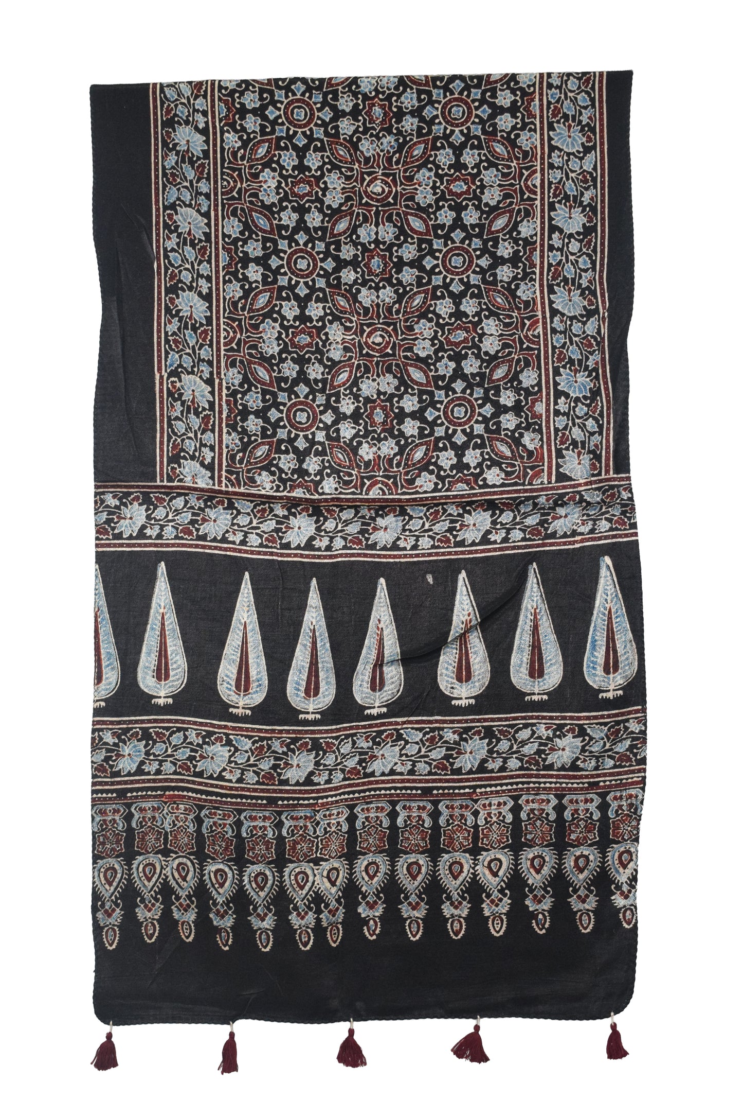 Ajrakh Mashru Silk Natural Dye Hand Block Print Stole With Tassels - 2 Mtr Length   -  SKU : AI0770BG
