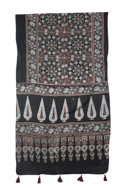 Ajrakh Mashru Silk Natural Dye Hand Block Print Stole With Tassels - 2 Mtr Length   -  SKU : AI0770BG