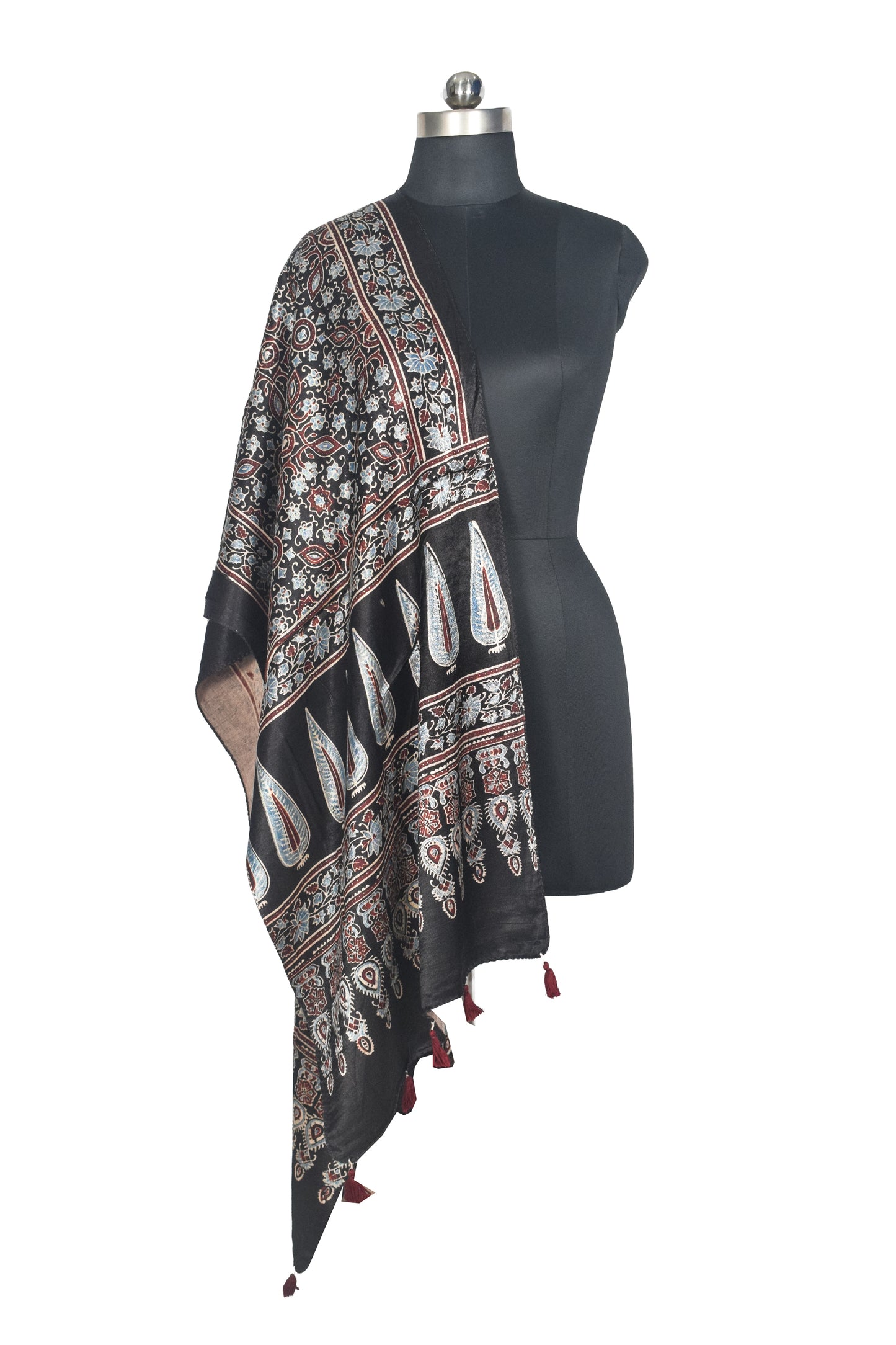 Ajrakh Mashru Silk Natural Dye Hand Block Print Stole With Tassels - 2 Mtr Length   -  SKU : AI0770BG