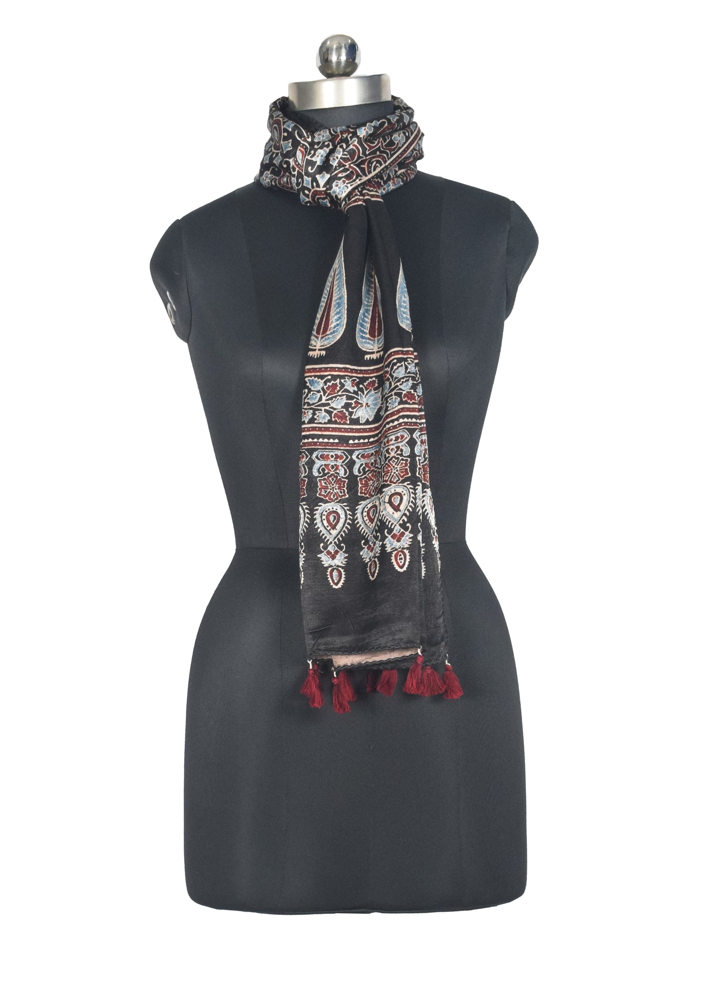 Ajrakh Mashru Silk Natural Dye Hand Block Print Stole With Tassels - 2 Mtr Length   -  SKU : AI0770BG