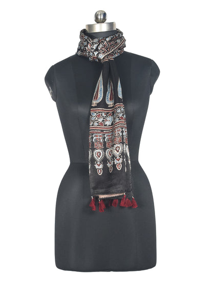 Ajrakh Mashru Silk Natural Dye Hand Block Print Stole With Tassels - 2 Mtr Length   -  SKU : AI0770BG