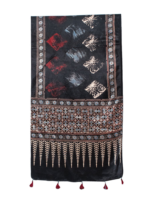 Ajrakh Mashru Silk Natural Dye Hand Block Print Stole With Tassels     -  SKU : MS20602X