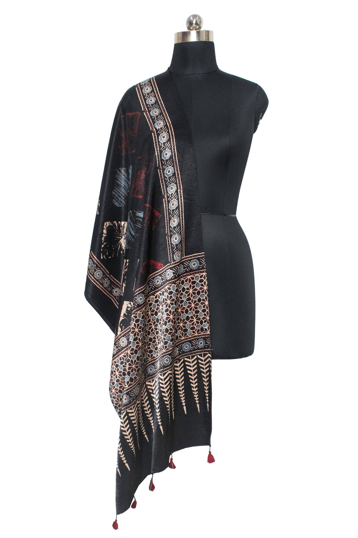 Ajrakh Mashru Silk Natural Dye Hand Block Print Stole With Tassels     -  SKU : MS20602X