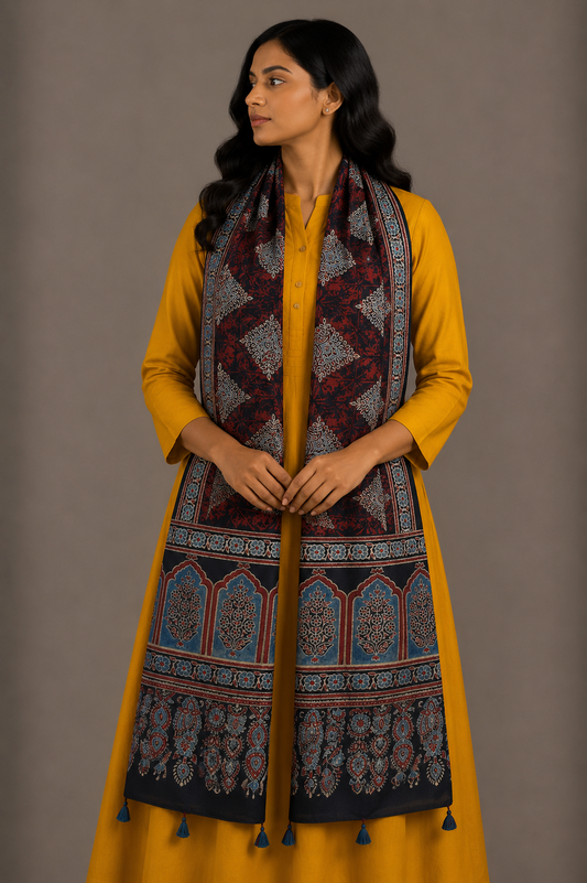 Ajrakh Mashru Silk Natural Dye Hand Block Print Stole With Tassels - 2 Mtr Length    -  SKU : AI21702H