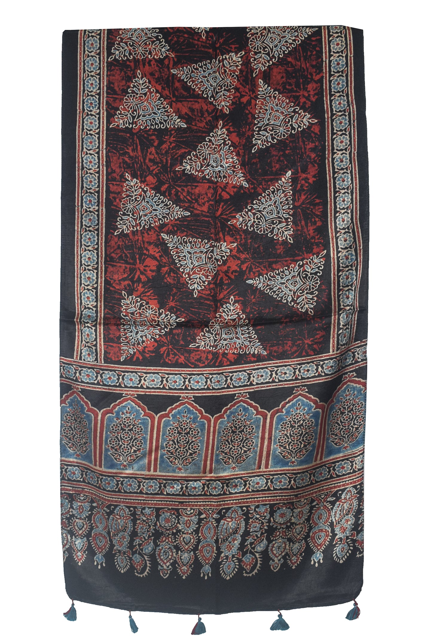 Ajrakh Mashru Silk Natural Dye Hand Block Print Stole With Tassels - 2 Mtr Length    -  SKU : AI21702H