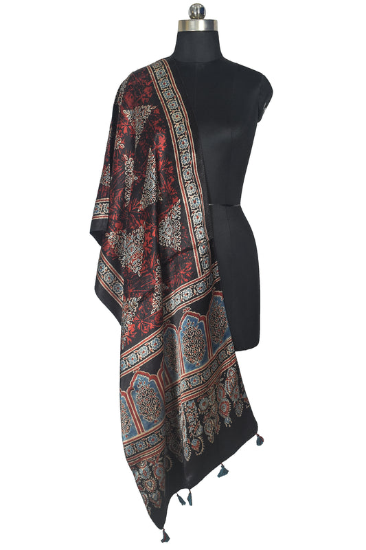 Ajrakh Mashru Silk Natural Dye Hand Block Print Stole With Tassels - 2 Mtr Length    -  SKU : AI21702H