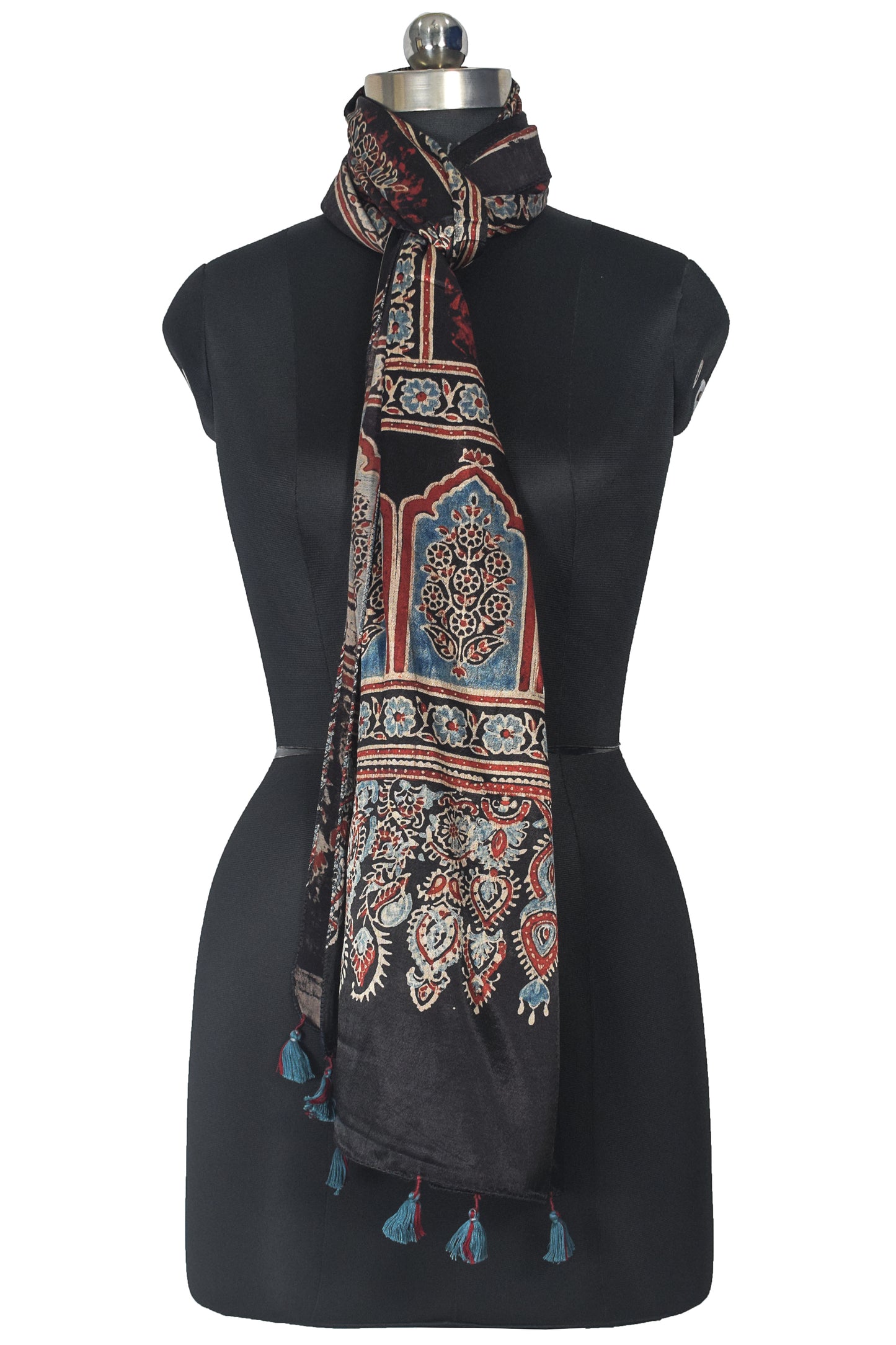 Ajrakh Mashru Silk Natural Dye Hand Block Print Stole With Tassels - 2 Mtr Length    -  SKU : AI21702H