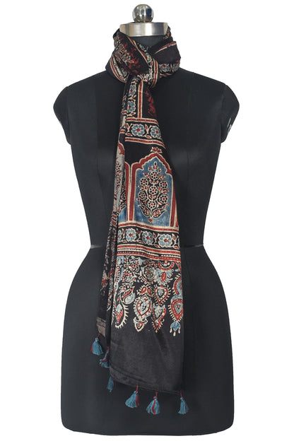 Ajrakh Mashru Silk Natural Dye Hand Block Print Stole With Tassels - 2 Mtr Length    -  SKU : AI21702H