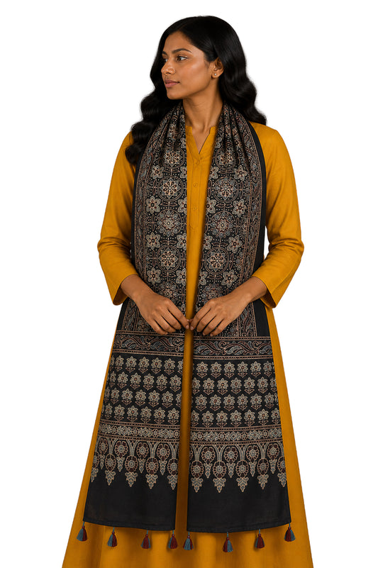Ajrakh Mashru Silk Natural Dye Hand Block Print Stole With Tassels - 2 Mtr Length    -  SKU : MS10B01A
