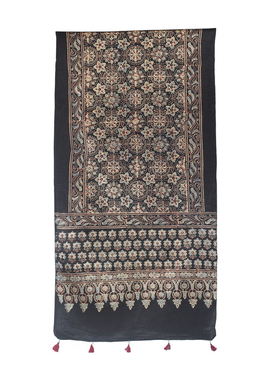 Ajrakh Mashru Silk Natural Dye Hand Block Print Stole With Tassels - 2 Mtr Length - SKU : MS10B01A