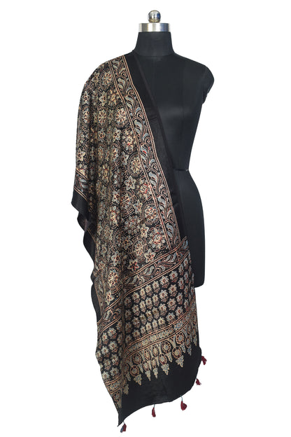 Ajrakh Mashru Silk Natural Dye Hand Block Print Stole With Tassels - 2 Mtr Length    -  SKU : MS10B01A