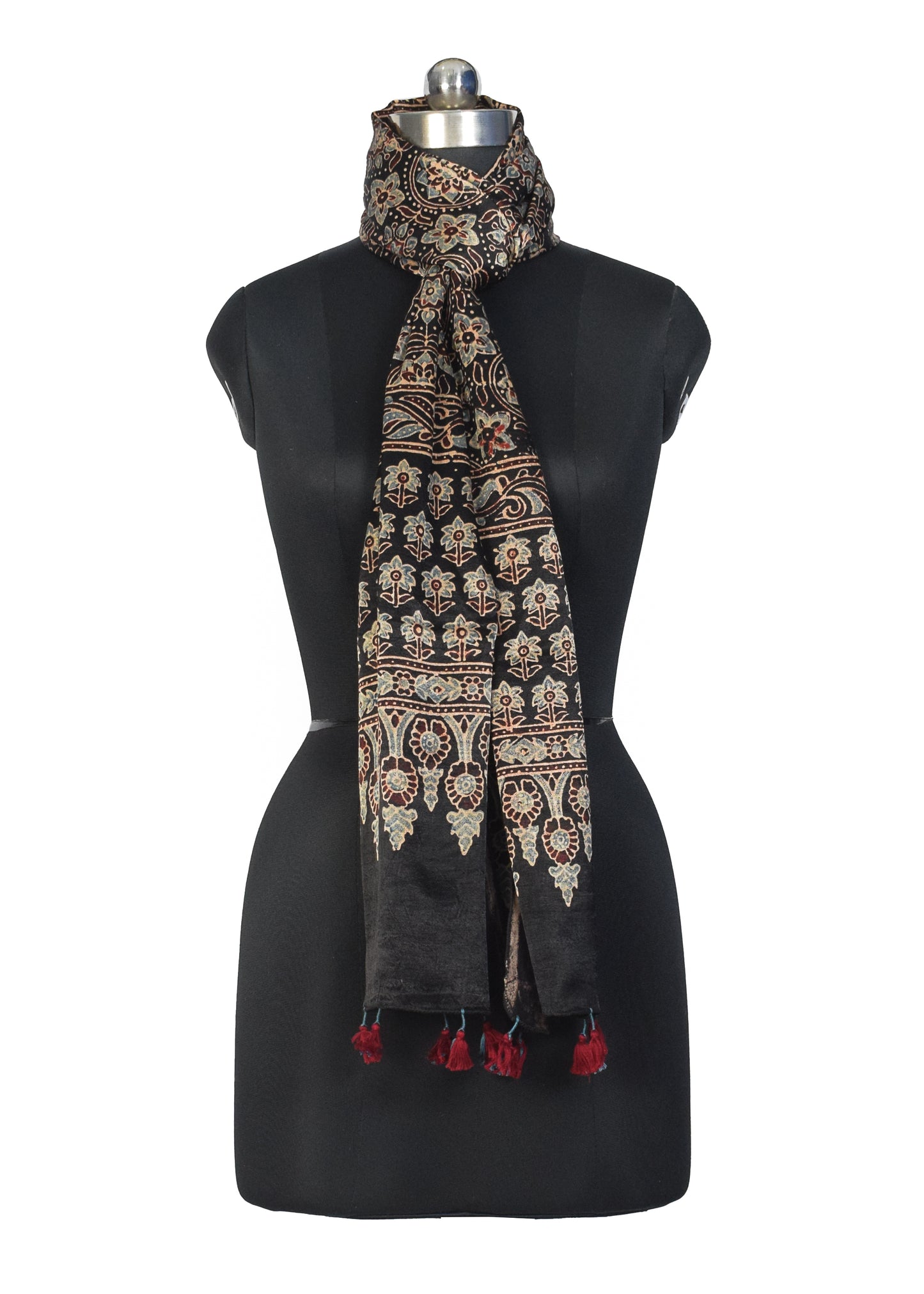 Ajrakh Mashru Silk Natural Dye Hand Block Print Stole With Tassels - 2 Mtr Length    -  SKU : MS10B01A