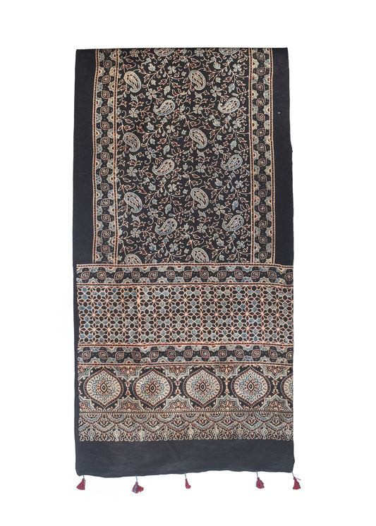 Ajrakh Mashru Silk Natural Dye Hand Block Print Stole With Tassels - 2 Mtr Length    -  SKU : MS10B01B