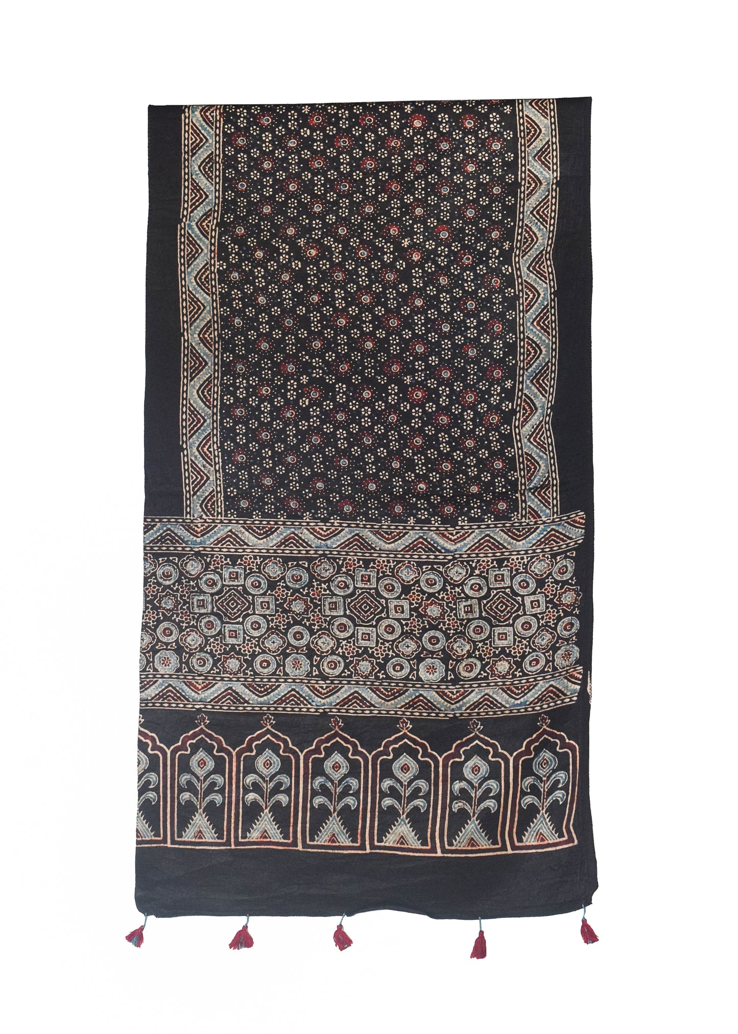 Ajrakh Mashru Silk Natural Dye Hand Block Print Stole With Tassels - 2 Mtr Length    -  SKU : MS10B01C