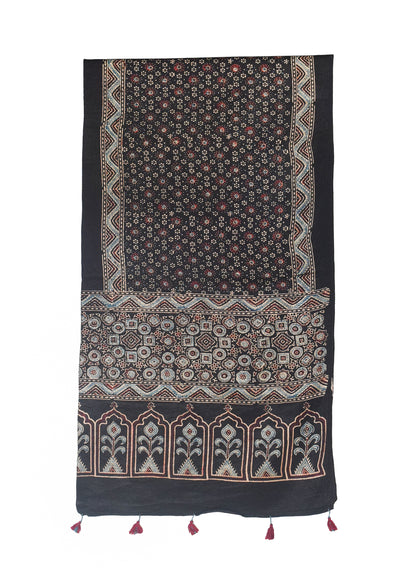 Ajrakh Mashru Silk Natural Dye Hand Block Print Stole With Tassels - 2 Mtr Length    -  SKU : MS10B01C