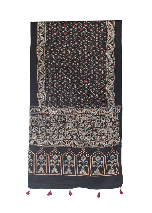 Ajrakh Mashru Silk Natural Dye Hand Block Print Stole With Tassels - 2 Mtr Length    -  SKU : MS10B01C