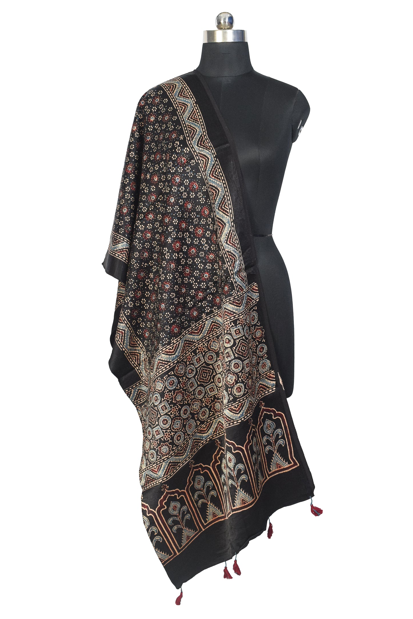 Ajrakh Mashru Silk Natural Dye Hand Block Print Stole With Tassels - 2 Mtr Length    -  SKU : MS10B01C