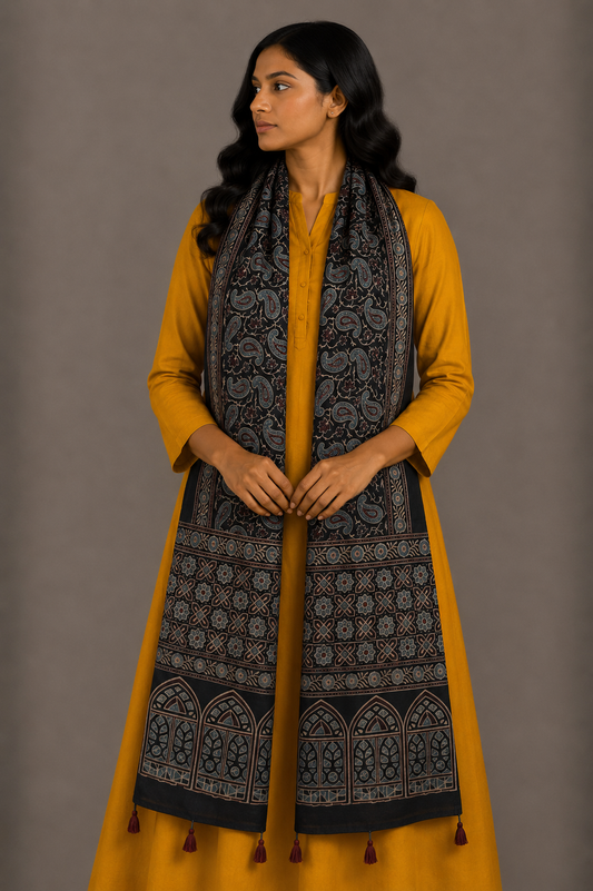 Ajrakh Mashru Silk Natural Dye Hand Block Print Stole With Tassels - 2 Mtr Length    -  SKU : MS10B01D