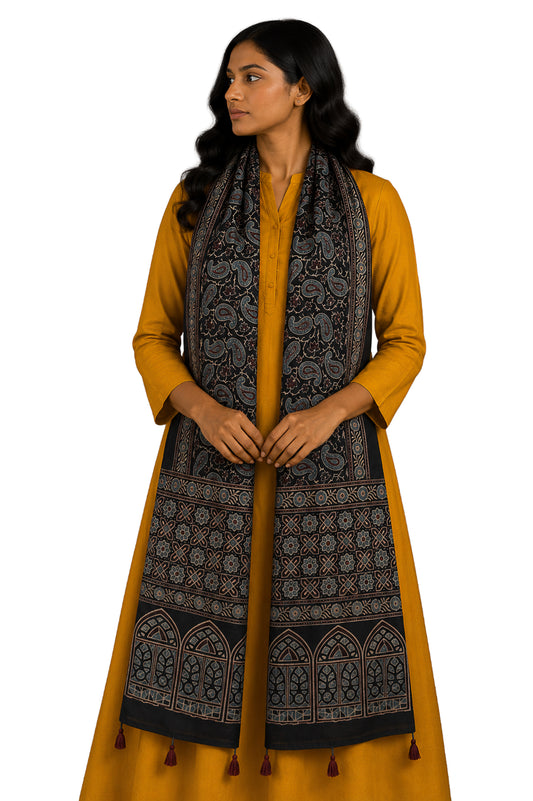 Ajrakh Mashru Silk Natural Dye Hand Block Print Stole With Tassels - 2 Mtr Length    -  SKU : MS10B01D