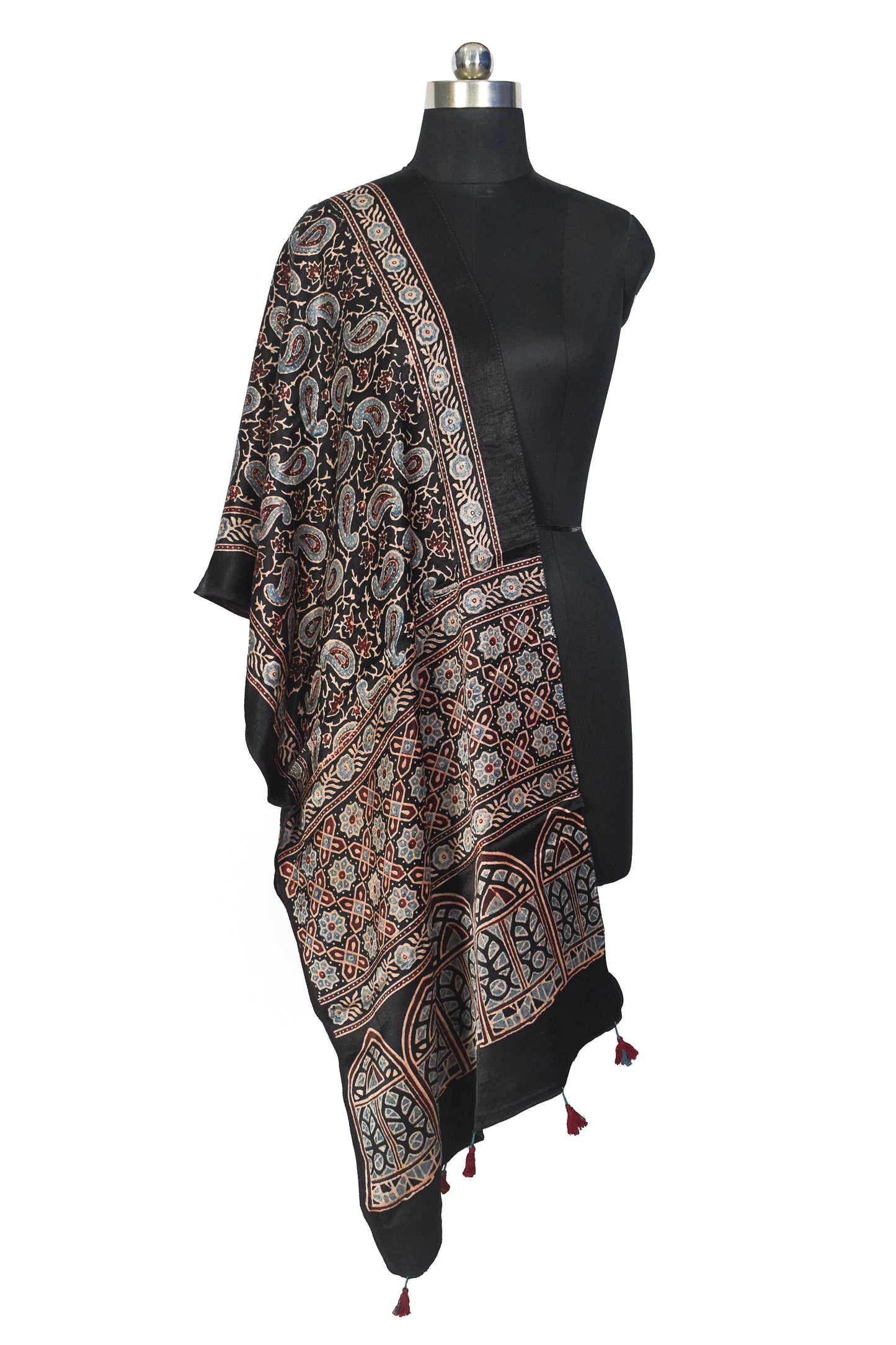 Ajrakh Mashru Silk Natural Dye Hand Block Print Stole With Tassels - 2 Mtr Length    -  SKU : MS10B01D