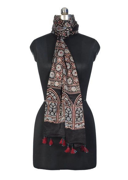 Ajrakh Mashru Silk Natural Dye Hand Block Print Stole With Tassels - 2 Mtr Length    -  SKU : MS10B01D