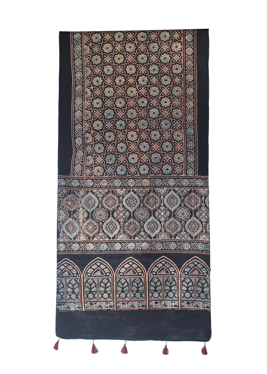 Ajrakh Mashru Silk Natural Dye Hand Block Print Stole With Tassels - 2 Mtr Length    -  SKU : MS10B01E