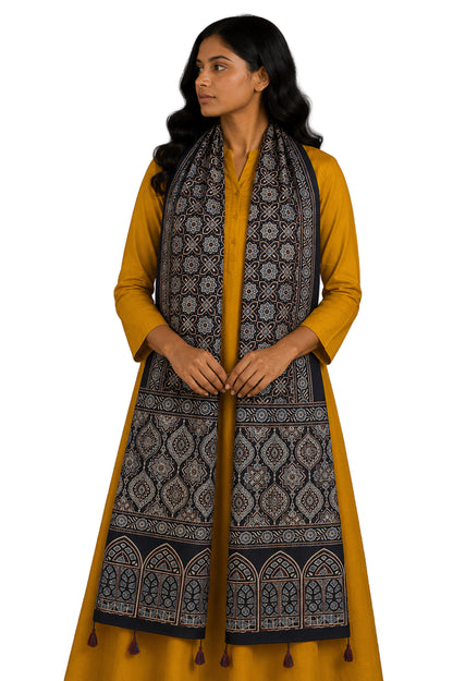 Ajrakh Mashru Silk Natural Dye Hand Block Print Stole With Tassels - 2 Mtr Length    -  SKU : MS10B01E