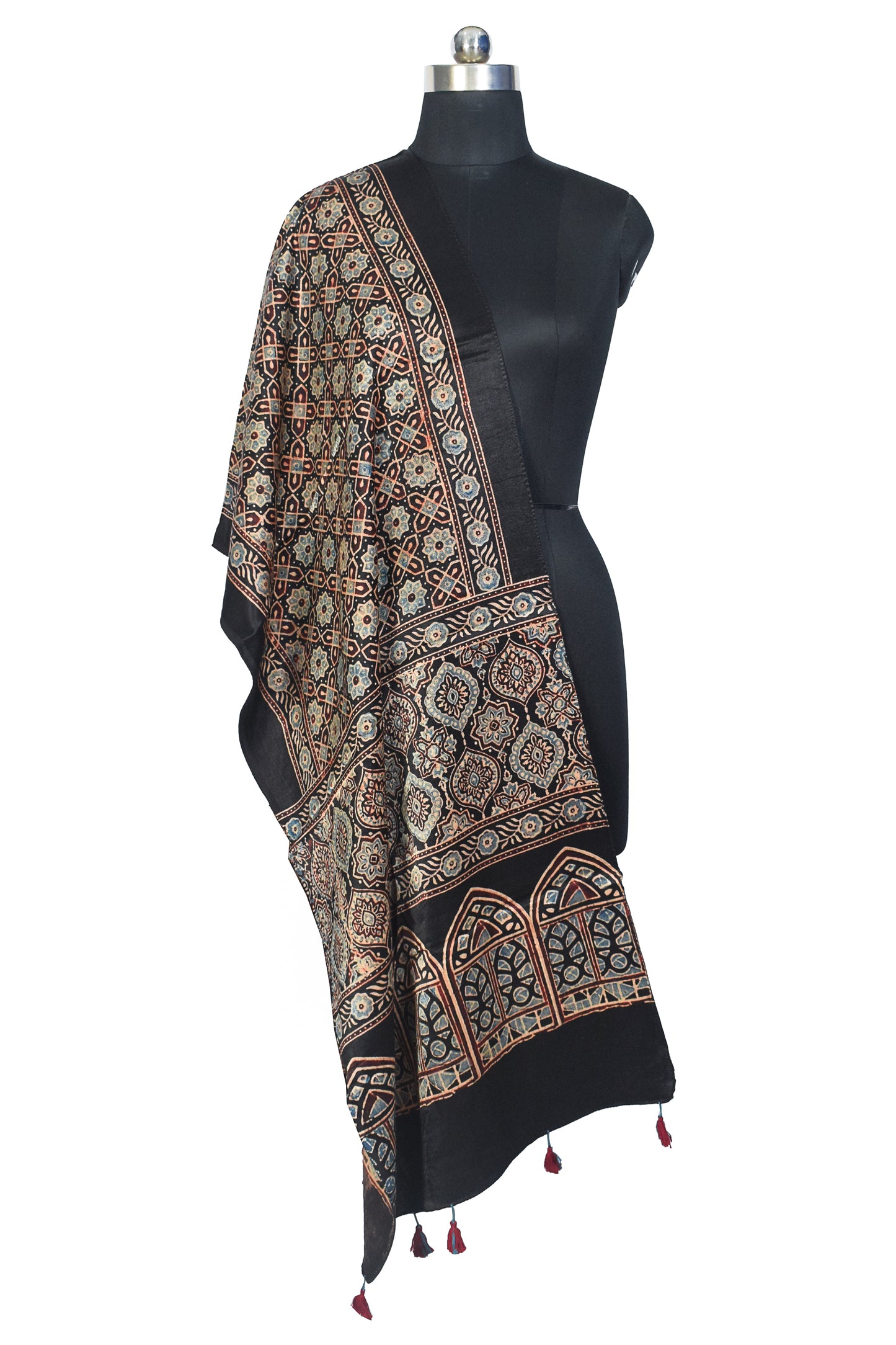 Ajrakh Mashru Silk Natural Dye Hand Block Print Stole With Tassels - 2 Mtr Length    -  SKU : MS10B01E