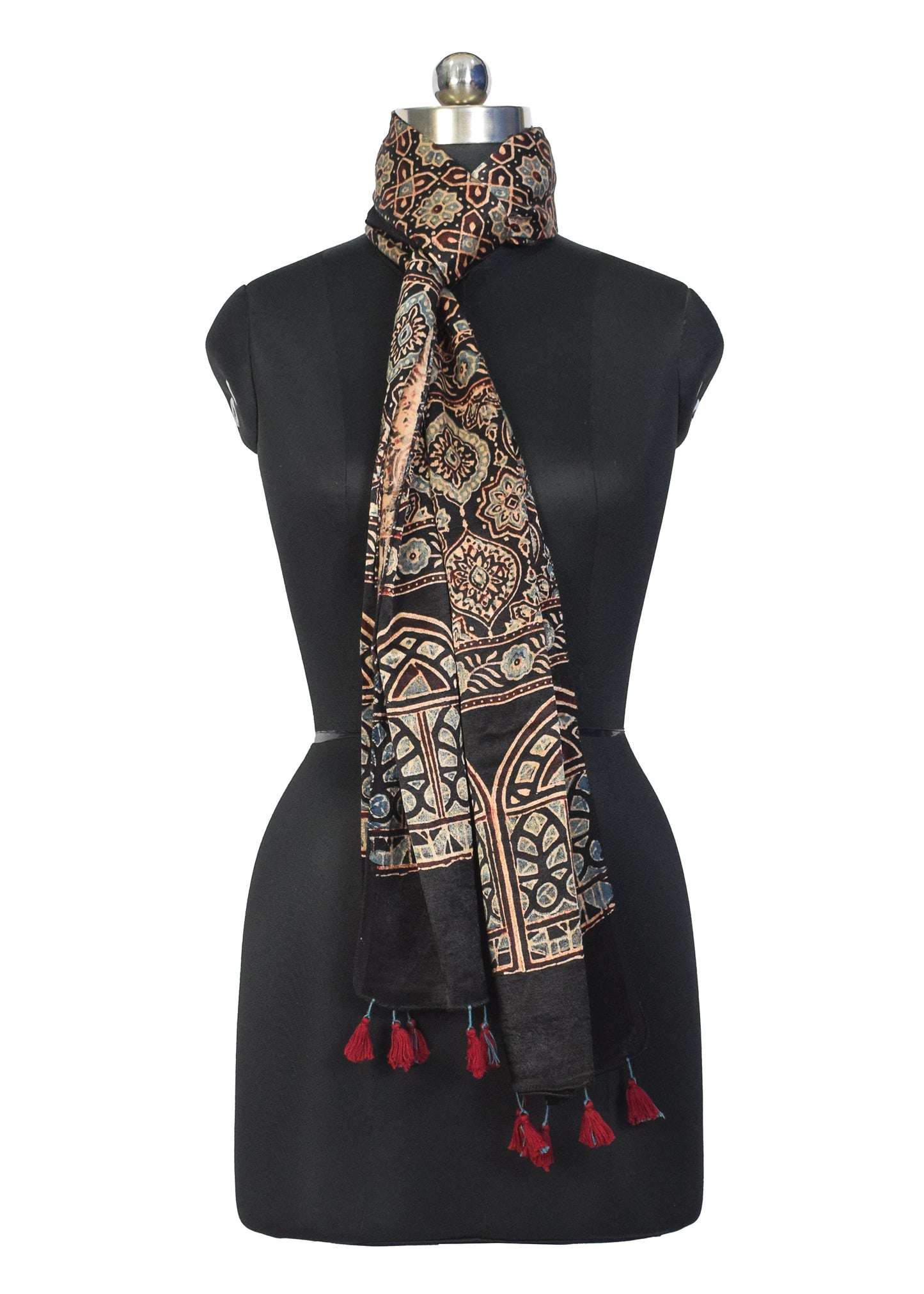Ajrakh Mashru Silk Natural Dye Hand Block Print Stole With Tassels - 2 Mtr Length    -  SKU : MS10B01E