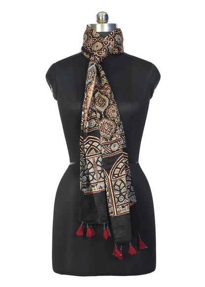 Ajrakh Mashru Silk Natural Dye Hand Block Print Stole With Tassels - 2 Mtr Length    -  SKU : MS10B01E