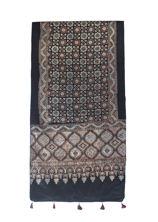 Ajrakh Mashru Silk Natural Dye Hand Block Print Stole With Tassels - 2 Mtr Length    -  SKU : MS10B01F