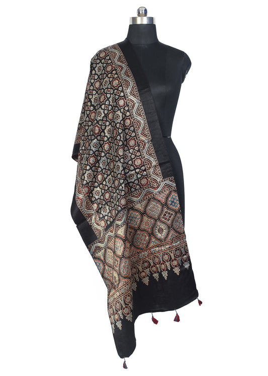 Ajrakh Mashru Silk Natural Dye Hand Block Print Stole With Tassels - 2 Mtr Length - SKU : MS10B01F