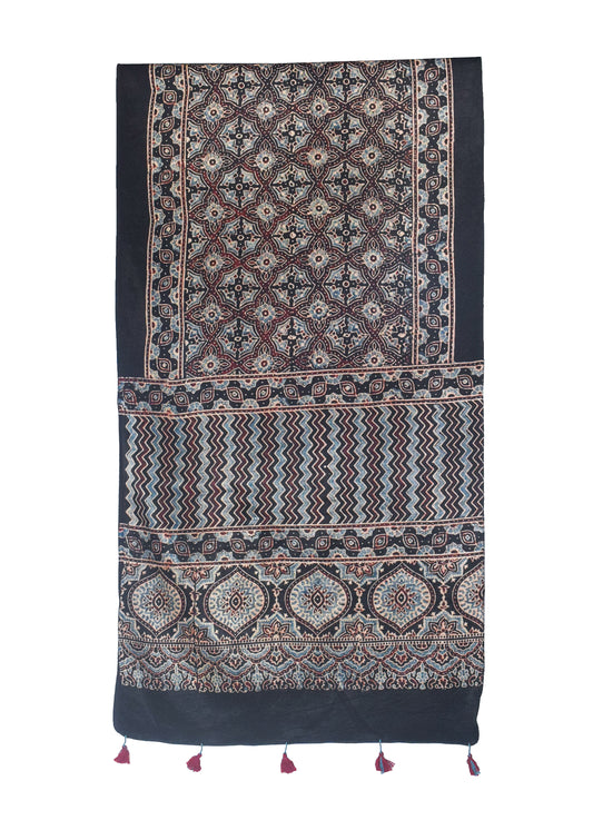 Ajrakh Mashru Silk Natural Dye Hand Block Print Stole With Tassels - 2 Mtr Length    -  SKU : MS10B0AI