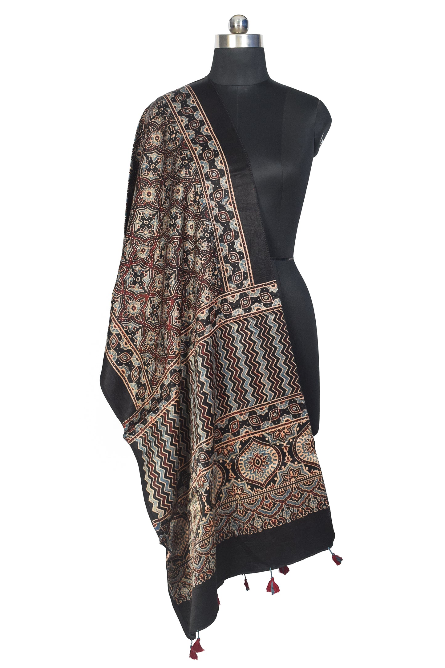 Ajrakh Mashru Silk Natural Dye Hand Block Print Stole With Tassels - 2 Mtr Length    -  SKU : MS10B0AI