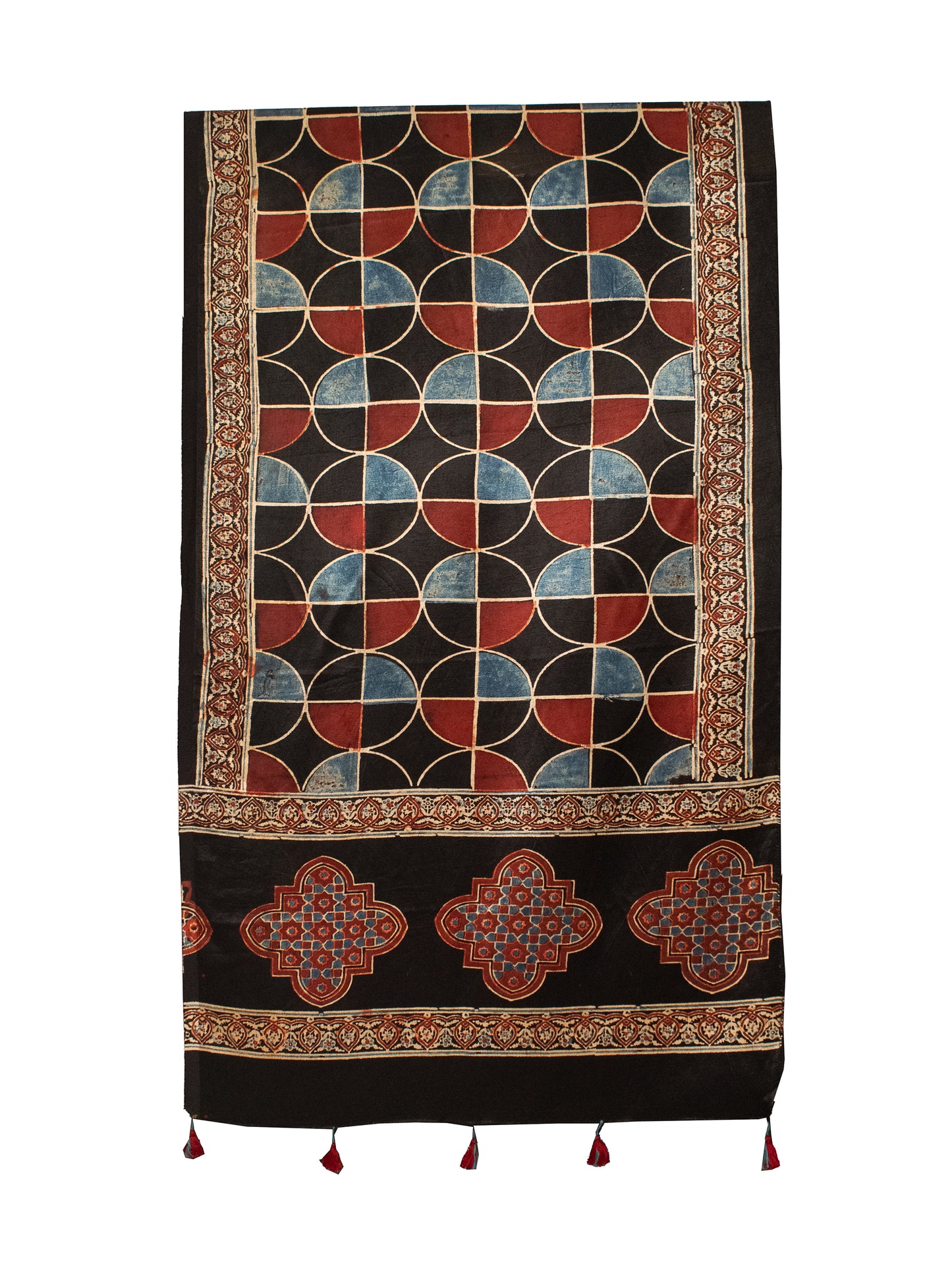 Ajrakh Mashru Silk Natural Dye Hand Block Print Stole With Tassels     -  SKU : MS19701B