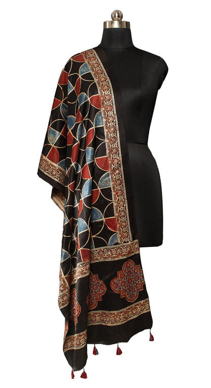 Ajrakh Mashru Silk Natural Dye Hand Block Print Stole With Tassels     -  SKU : MS19701B