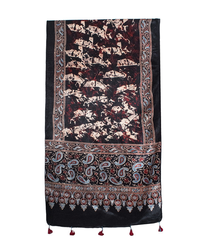 Ajrakh Mashru Silk Natural Dye Hand Block Print Stole With Tassels     -  SKU : MS20602H