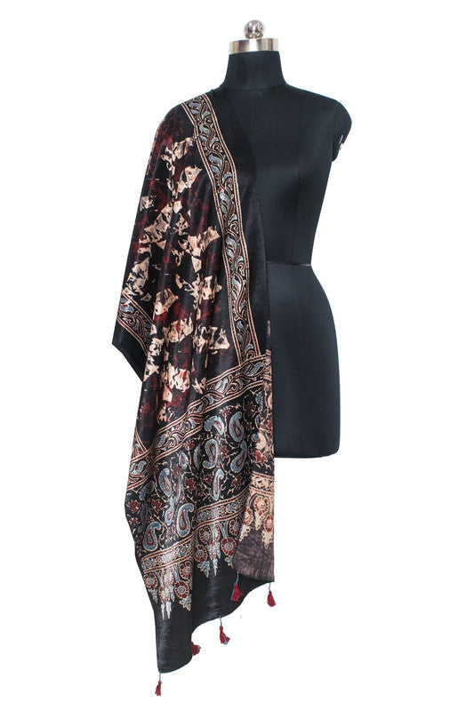 Ajrakh Mashru Silk Natural Dye Hand Block Print Stole With Tassels     -  SKU : MS20602H