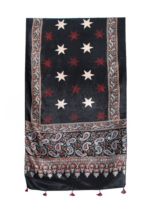 Ajrakh Mashru Silk Natural Dye Hand Block Print Stole With Tassels     -  SKU : MS20602T