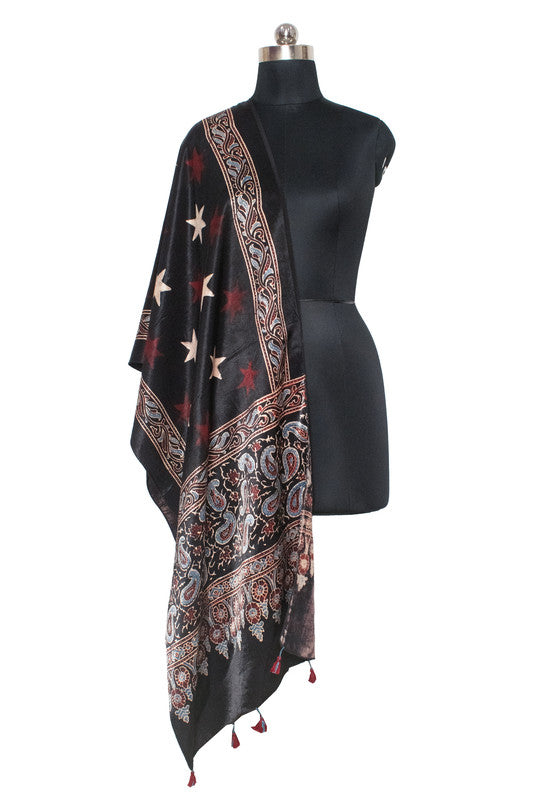 Ajrakh Mashru Silk Natural Dye Hand Block Print Stole With Tassels     -  SKU : MS20602T