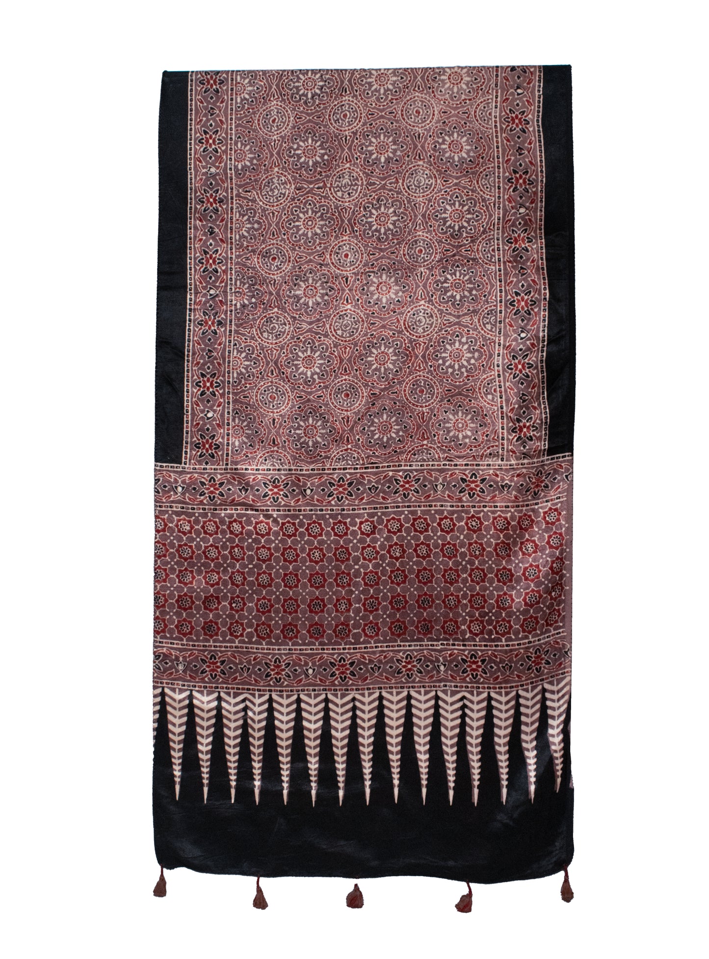 Ajrakh Mashru Silk Natural Dye Hand Block Print Stole With Tassels - 2 Mtr Length    -  SKU : MS20602B
