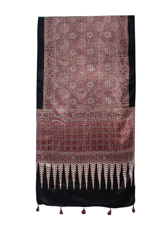 Ajrakh Mashru Silk Natural Dye Hand Block Print Stole With Tassels - 2 Mtr Length    -  SKU : MS20602B